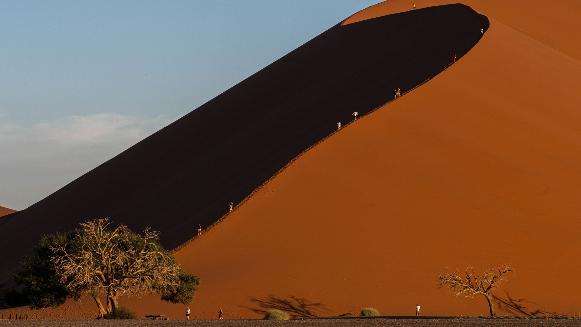 a photo of guests walking up a sand dune in namibia on a photo tour perfect for the adventurous traveler