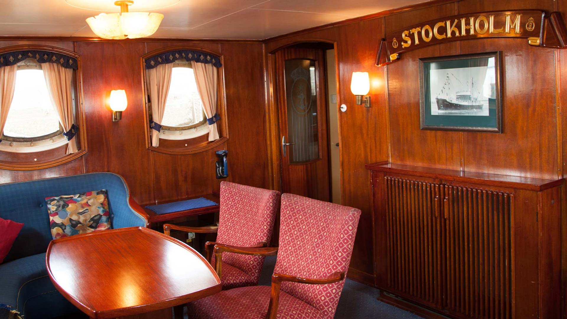 One of the seating areas of the MS Stockholm where guests can relax