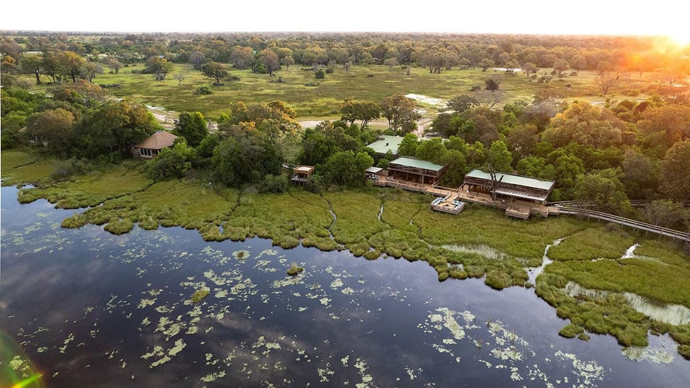 an aerial photo of vumbura plains in botswana