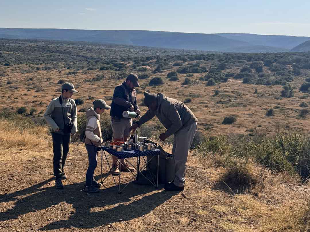 Coffee stop in Kwandwe with kids on family safari